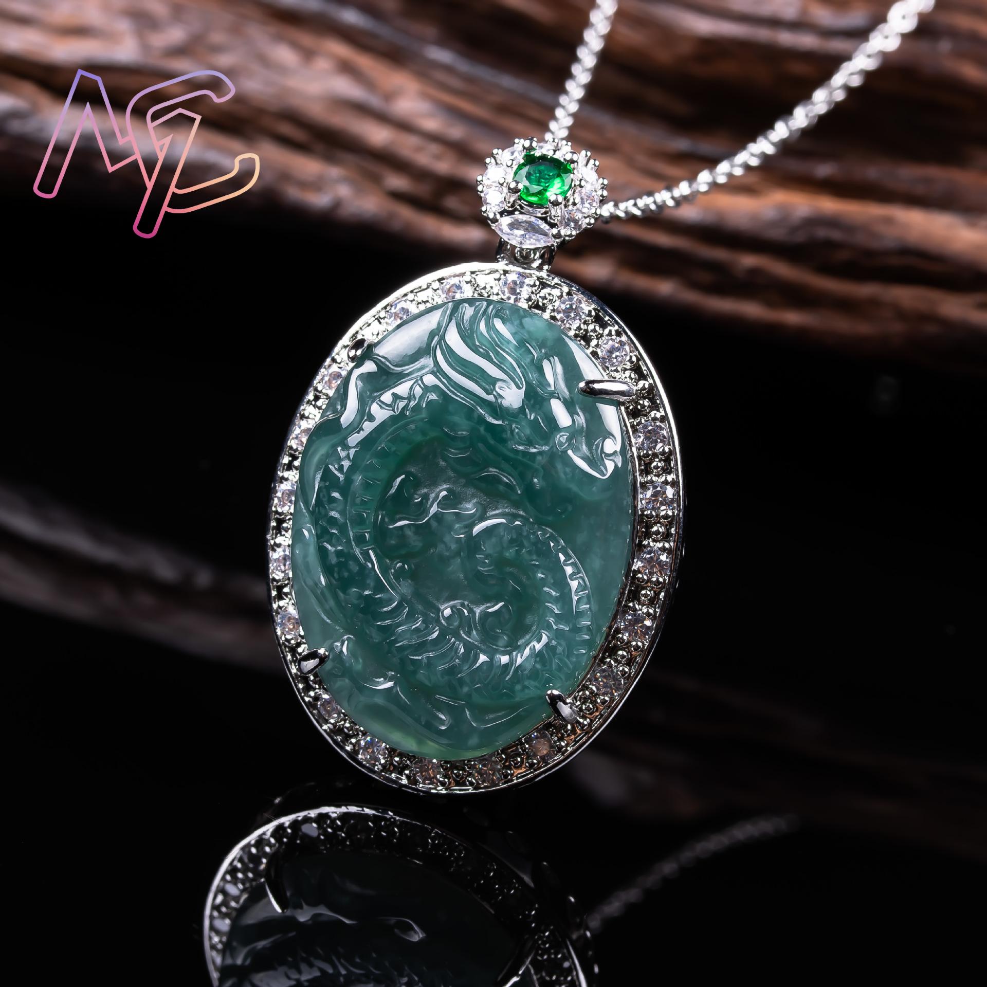 Myanmar Jadeite Dragon Pendant - 925 Sterling Silver Chain Necklace Men recension och pris